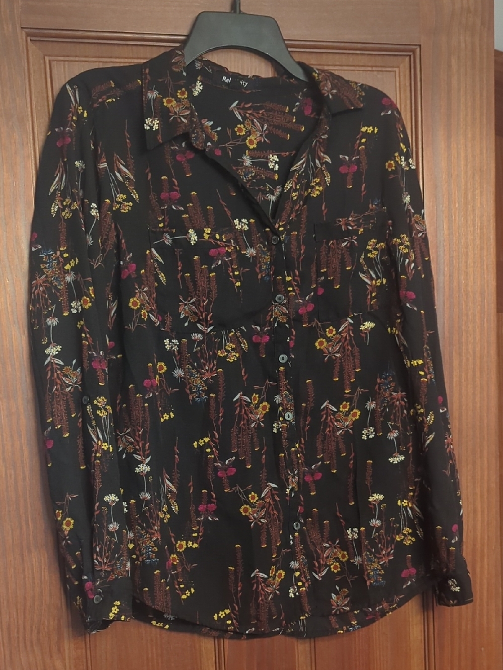Relativity Black Floral Button-Up Shirt with Burgundy and Mustard Accents